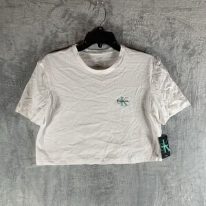 Calvin Klein Women's Top XS CK This Is Love Cropped White Sleepwear‎ Embroidered